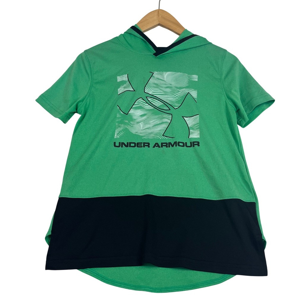 Under Armour HeatGear Youth Large Green Black Short Sleeve Hoodie Graphic Logo